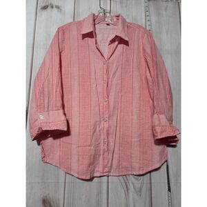 Rebecca Malone Ladies‎ Large Red and White Striped Gingham 3/4 Sleeve Casual Top